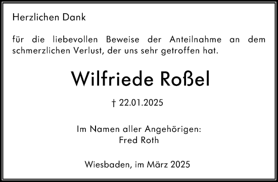 Traueranzeige von Wilfriede Roßel von Wiesbadener Kurier