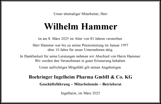 Traueranzeige von Wilhelm Hammer von Allgemeine Zeitung Rheinhessen-Nahe