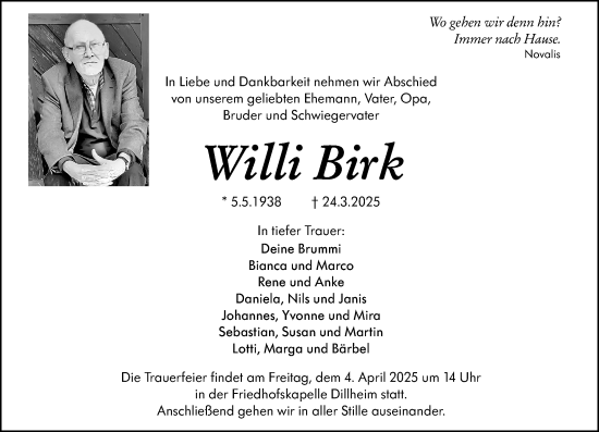 Traueranzeige von Willi Birk von Wetzlarer Neue Zeitung