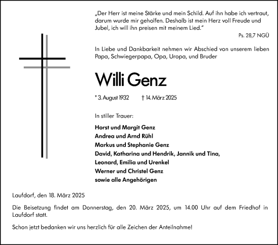 Traueranzeige von Willi Genz von Wetzlarer Neue Zeitung