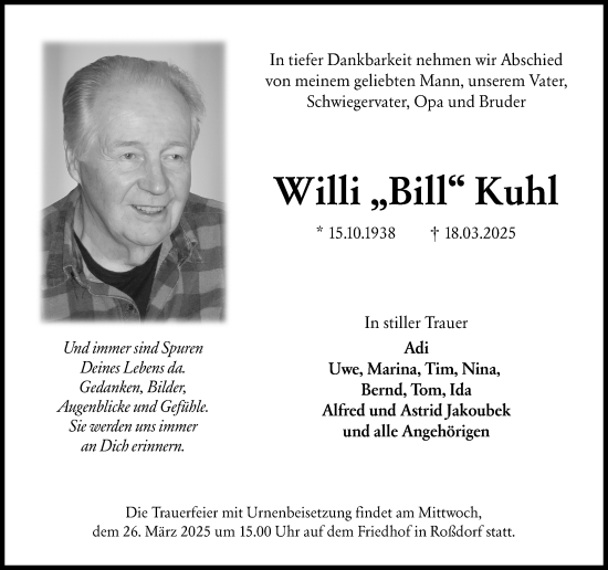 Traueranzeige von Willi Kuhl von Darmstädter Echo