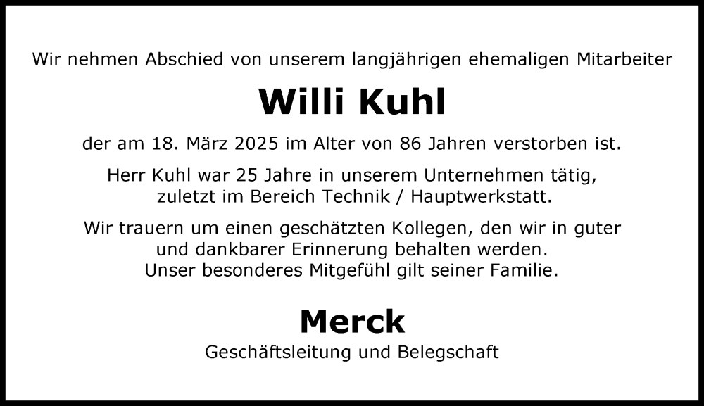  Traueranzeige für Willi Kuhl vom 26.03.2025 aus Darmstädter Echo