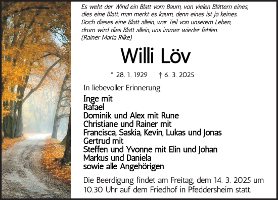 Traueranzeige von Willi Löv von Wormser Zeitung