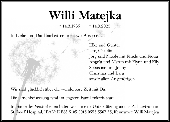 Traueranzeige von Willi Matejka von Wiesbadener Kurier