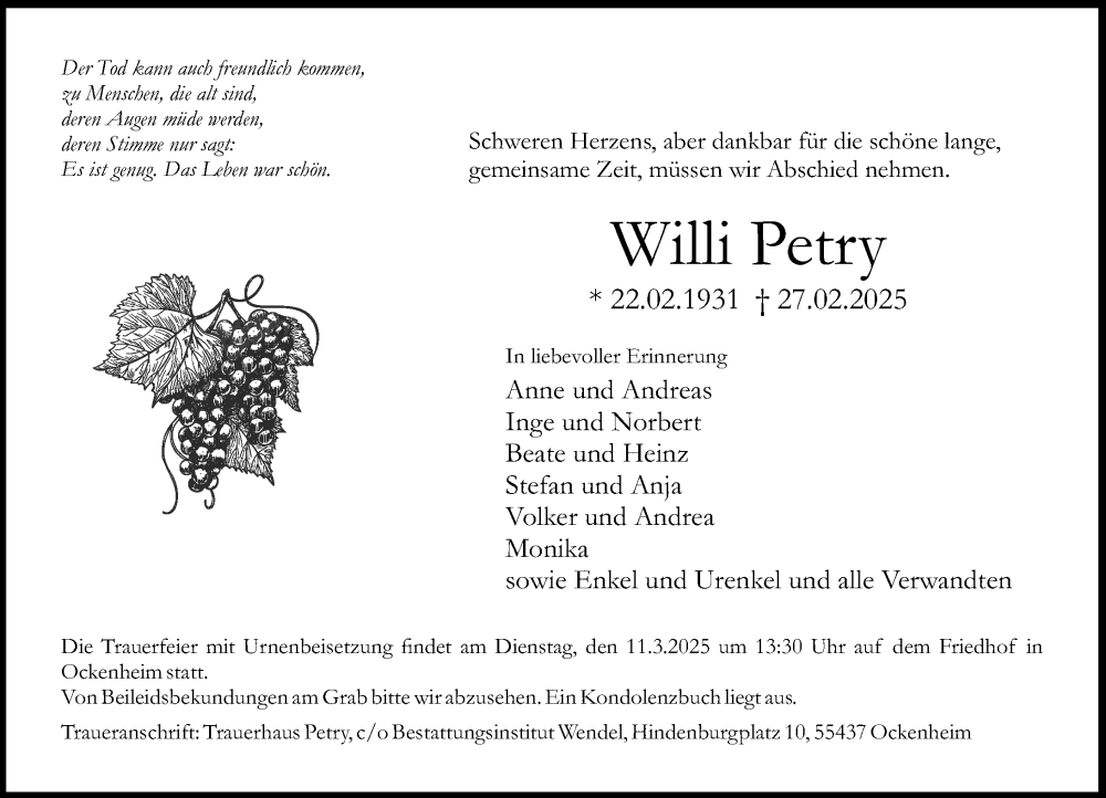 Traueranzeige für Willi Petry vom 08.03.2025 aus Allgemeine Zeitung Rheinhessen-Nahe