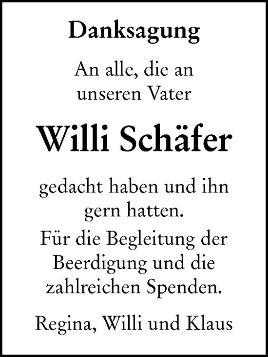 Traueranzeige von Willi Schäfer von Dill Block