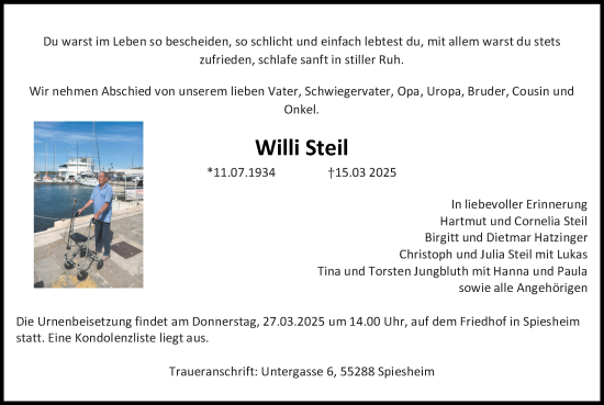 Traueranzeige von Willi Steil von Allgemeine Zeitung Alzey