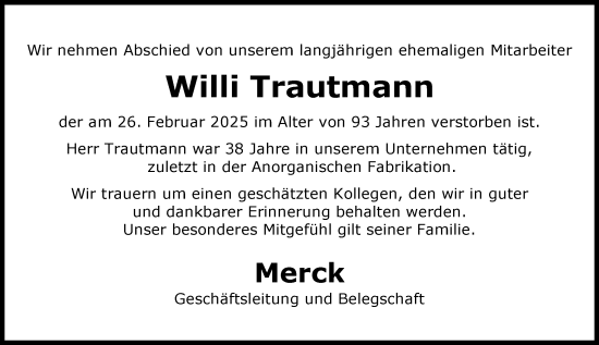 Traueranzeige von Willi Trautmann von Darmstädter Echo