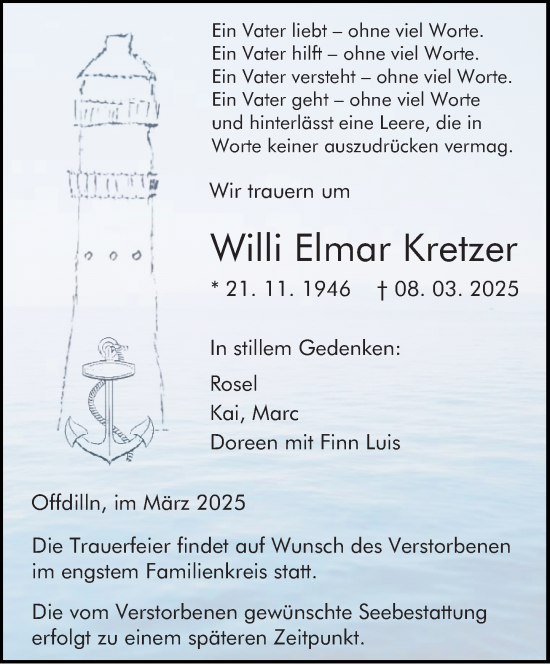 Traueranzeige von Willi Elmar Kretzer von Dill Block