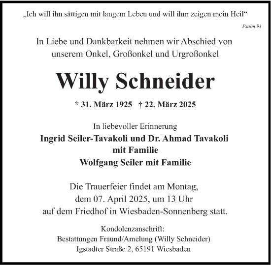 Traueranzeige von Willy Schneider von Wiesbadener Kurier