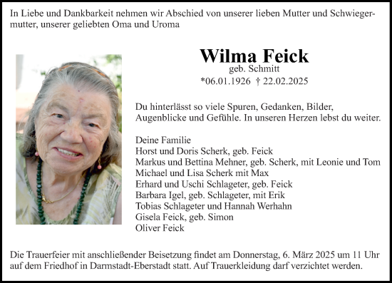 Traueranzeige von Wilma Feick von Darmstädter Echo
