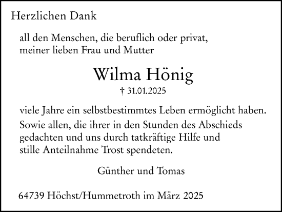 Traueranzeige von Wilma Hönig von Odenwälder Echo
