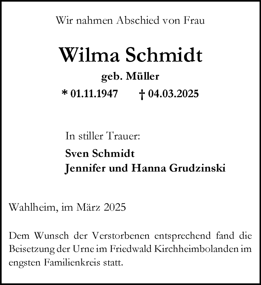  Traueranzeige für Wilma Schmidt vom 29.03.2025 aus Allgemeine Zeitung Mainz