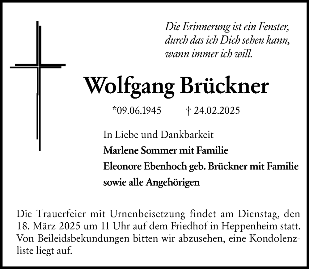  Traueranzeige für Wolfgang Brückner vom 15.03.2025 aus Starkenburger Echo