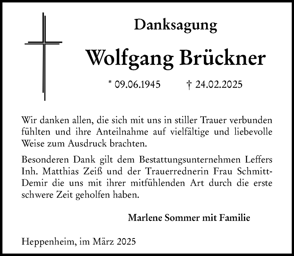  Traueranzeige für Wolfgang Brückner vom 29.03.2025 aus Starkenburger Echo