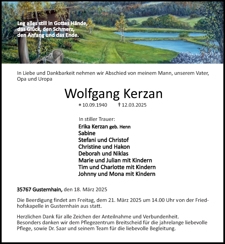  Traueranzeige für Wolfgang Kerzan vom 18.03.2025 aus Dill Block