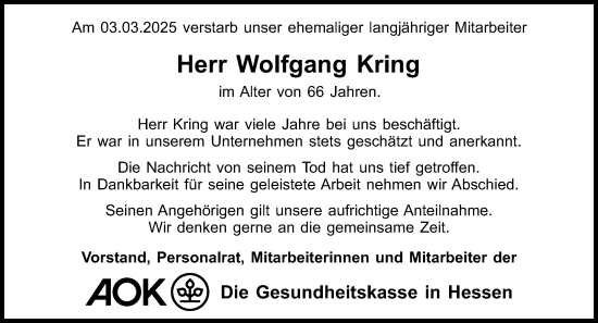 Traueranzeige von Wolfgang Kring von Dill Block