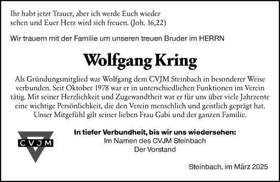 Traueranzeige von Wolfgang Kring von Dill Block