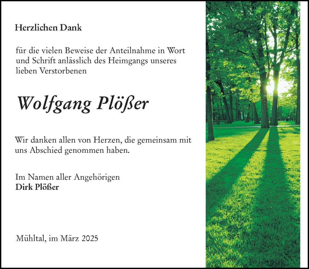  Traueranzeige für Wolfgang Plößer vom 29.03.2025 aus Darmstädter Echo