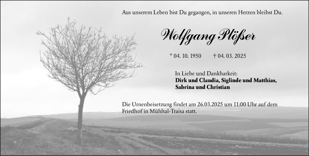  Traueranzeige für Wolfgang Plößer vom 15.03.2025 aus Darmstädter Echo