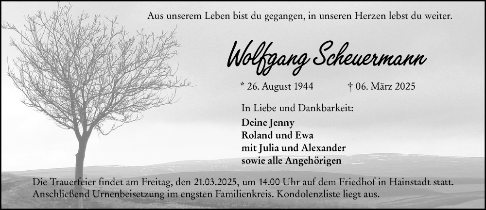  Traueranzeige für Wolfgang Scheuermann vom 15.03.2025 aus Odenwälder Echo