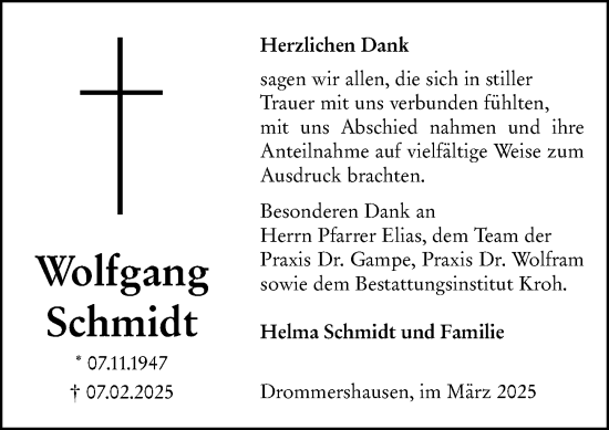 Traueranzeige von Wolfgang Schmidt von Weilburger Tageblatt