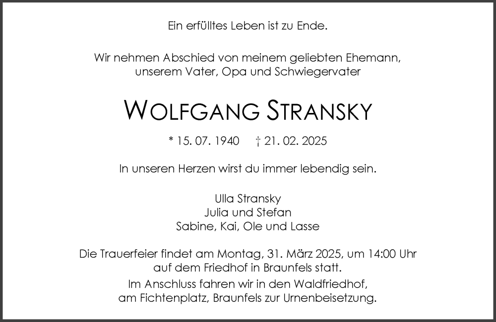  Traueranzeige für Wolfgang Stransky vom 28.03.2025 aus Wetzlarer Neue Zeitung