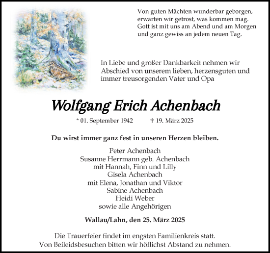 Traueranzeige von Wolfgang Erich Achenbach von Hinterländer Anzeiger
