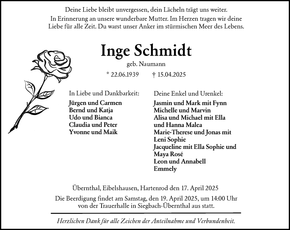  Traueranzeige für Inge Schmidt vom 17.04.2025 aus 