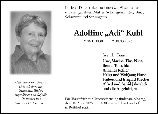 Traueranzeige von Adolfine Kuhl von Darmstädter Echo
