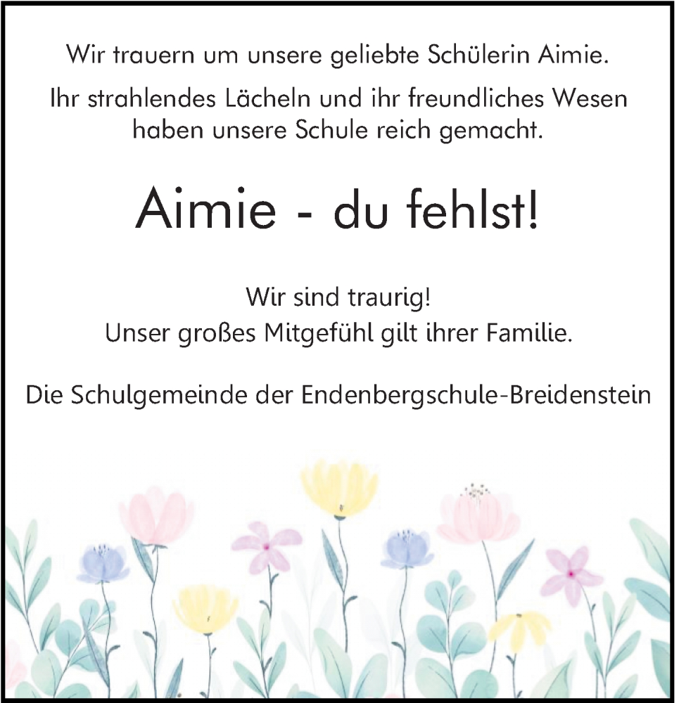  Traueranzeige für Aimie  vom 07.04.2025 aus Hinterländer Anzeiger