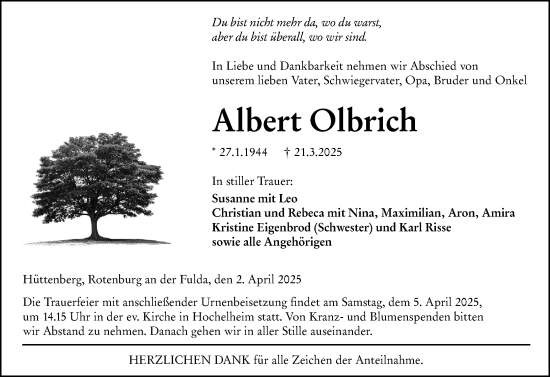 Traueranzeige von Albert Olbrich von Wetzlarer Neue Zeitung