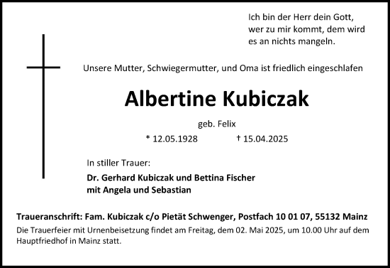 Traueranzeige von Albertine Kubiczak von Allgemeine Zeitung Mainz