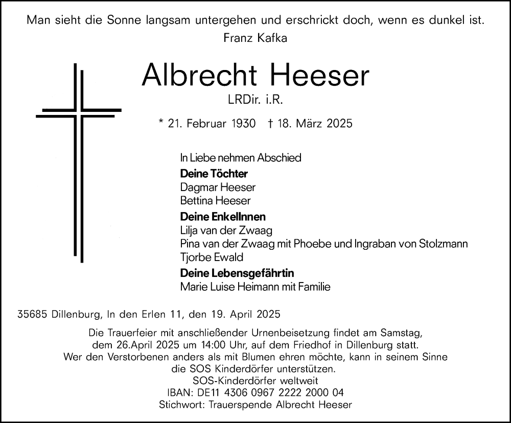  Traueranzeige für Albrecht Heeser vom 19.04.2025 aus Dill Block
