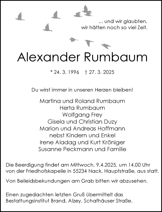 Traueranzeige von Alexander Rumbaum von Allgemeine Zeitung Alzey