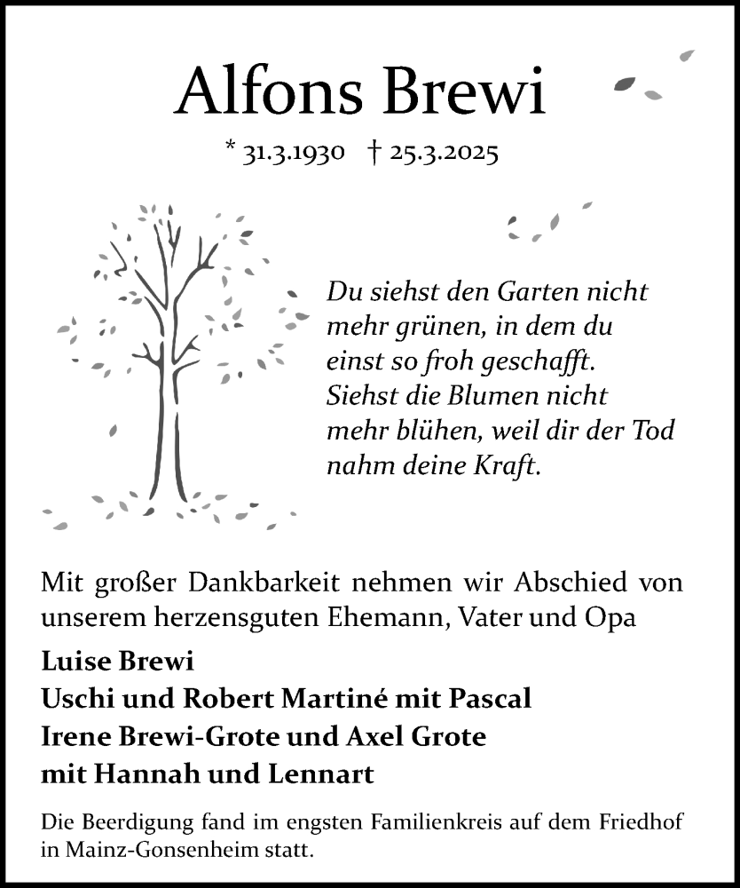  Traueranzeige für Alfons Brewi vom 05.04.2025 aus Allgemeine Zeitung Mainz