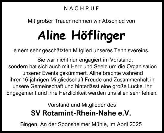Traueranzeige von Aline Höflinger von Binger-/Ingelheimer Wochenblatt