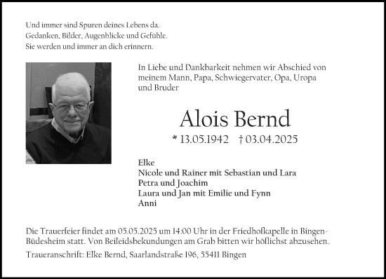 Traueranzeige von Alois Bernd von Binger-/Ingelheimer Wochenblatt