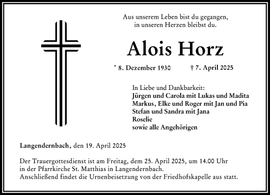 Traueranzeige von Alois Horz von Nassauische Neue Presse