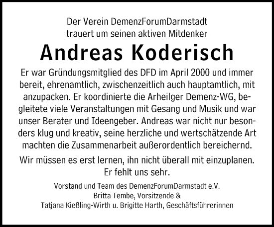 Traueranzeige von Andreas Koderisch von Darmstädter Echo