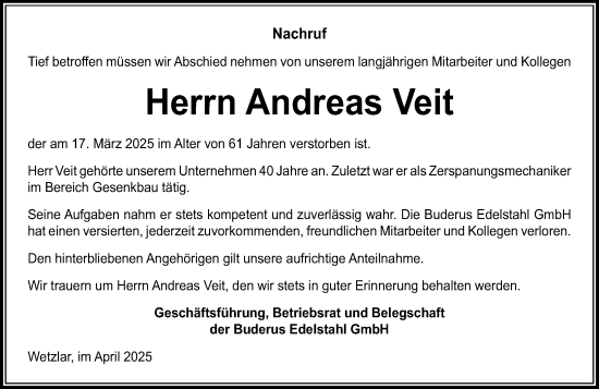 Traueranzeige von Andreas Veit von Wetzlarer Neue Zeitung