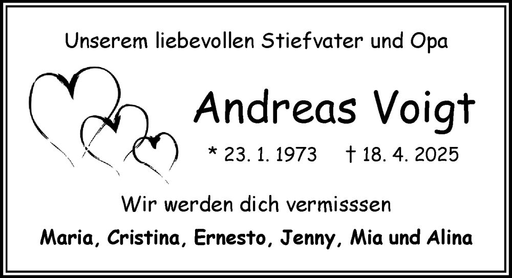  Traueranzeige für Andreas Voigt vom 26.04.2025 aus Odenwälder Echo