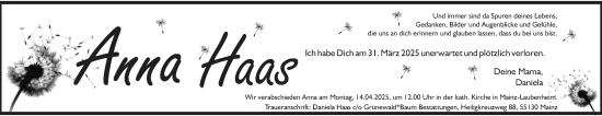 Traueranzeige von Anna Haas von Allgemeine Zeitung Mainz