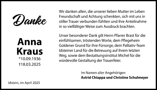 Traueranzeige von Anna Kraus von Idsteiner Land/Untertaunus