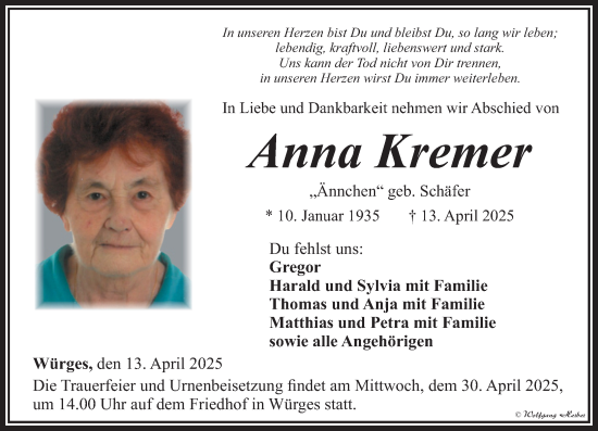 Traueranzeige von Anna Kremer von Camberger Anzeiger