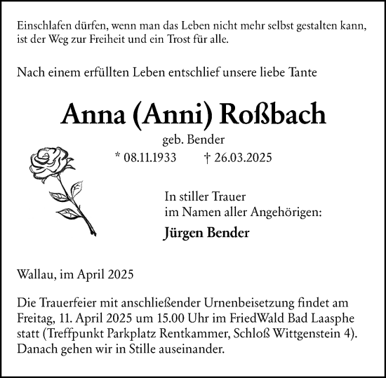 Traueranzeige von Anna Roßbach von Hinterländer Anzeiger