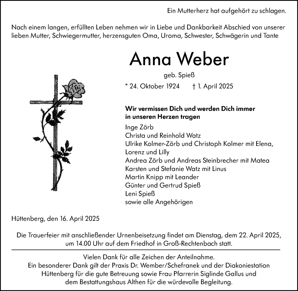 Traueranzeige für Anna Weber vom 16.04.2025 aus Wetzlarer Neue Zeitung
