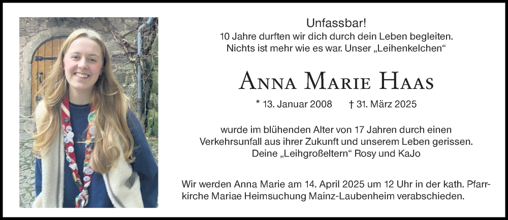  Traueranzeige für Anna Marie Haas vom 12.04.2025 aus Allgemeine Zeitung Mainz