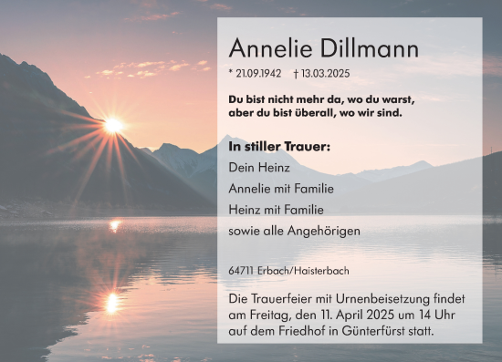 Traueranzeige von Annelie Dillmann von Odenwälder Echo