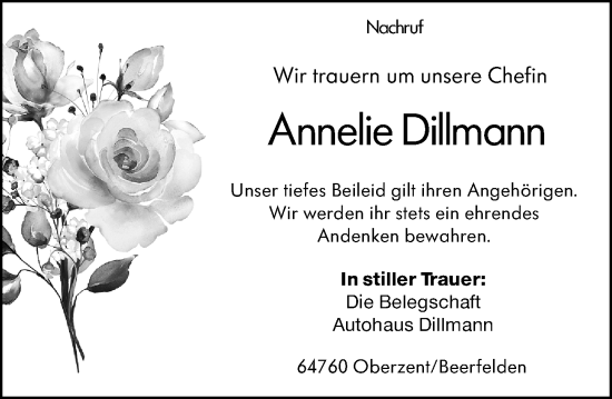 Traueranzeige von Annelie Dillmann von Odenwälder Echo